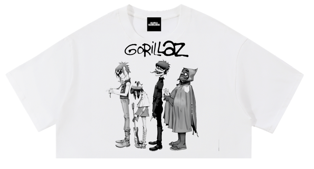 Crop top blanco Gorillaz con los cuatro personajes en blanco y negro