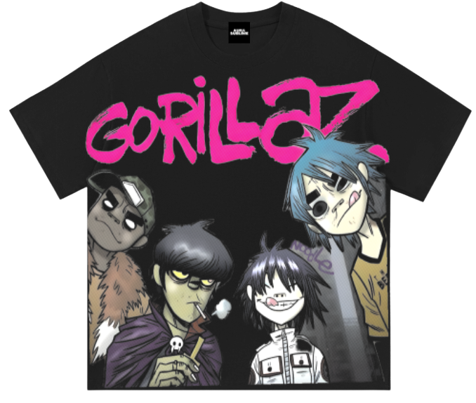 Gorillaz Pink Logo camiseta negra con personajes y tipografía fucsia