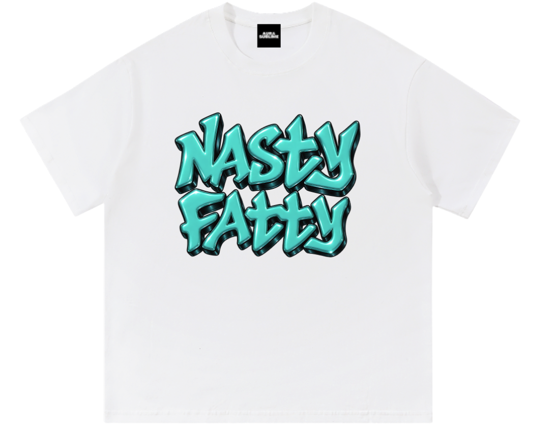 Karol G Nasty Fatty blanca frente, letras turquesa