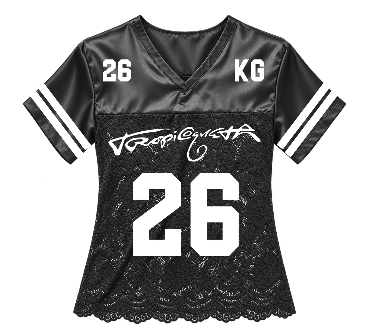 Karol G Tropitour 26 jersey de encaje negro vista frontal