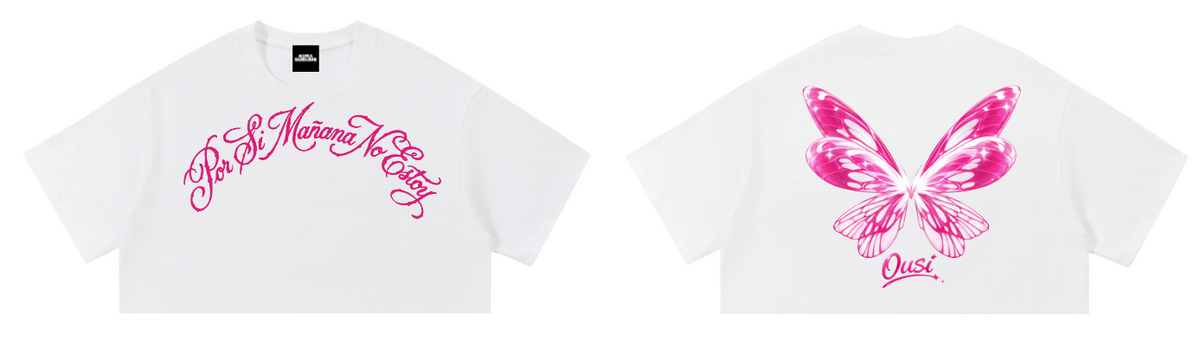 Crop top blanco Mariposa Rosa: frente y espalda