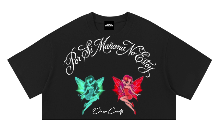 Crop Top 05 negro con lettering blanco y dos hadas, vista frontal