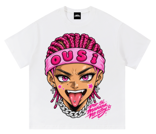 Diseño 07 Anime Rosa en camiseta blanca, vista frontal